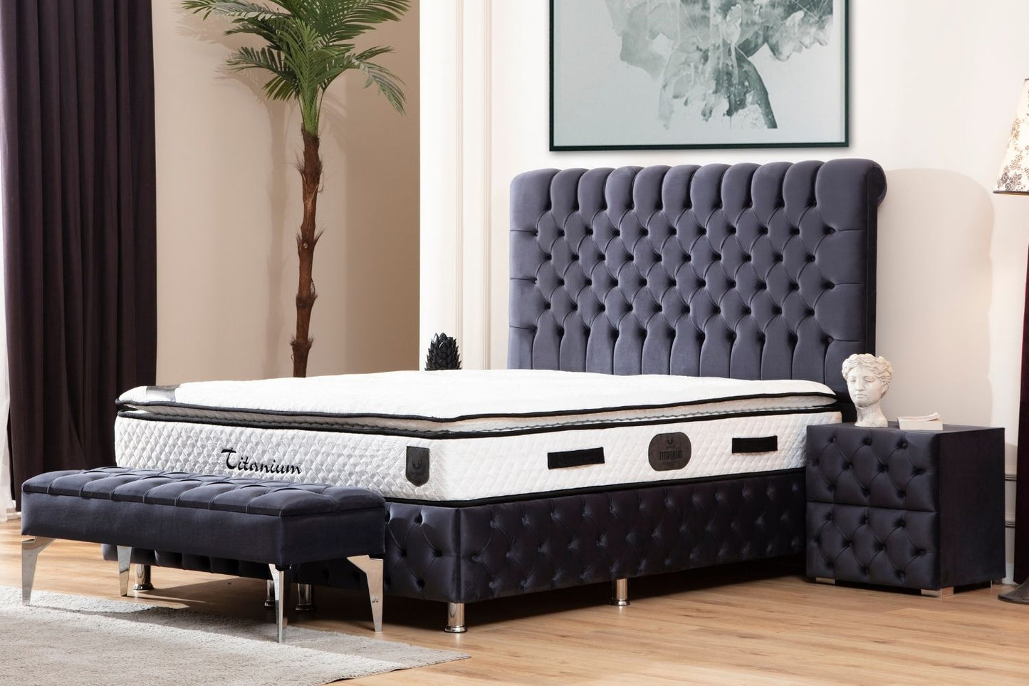 Lit Coffre LUNA GRIS ANTHRACITE - Velours capitonné