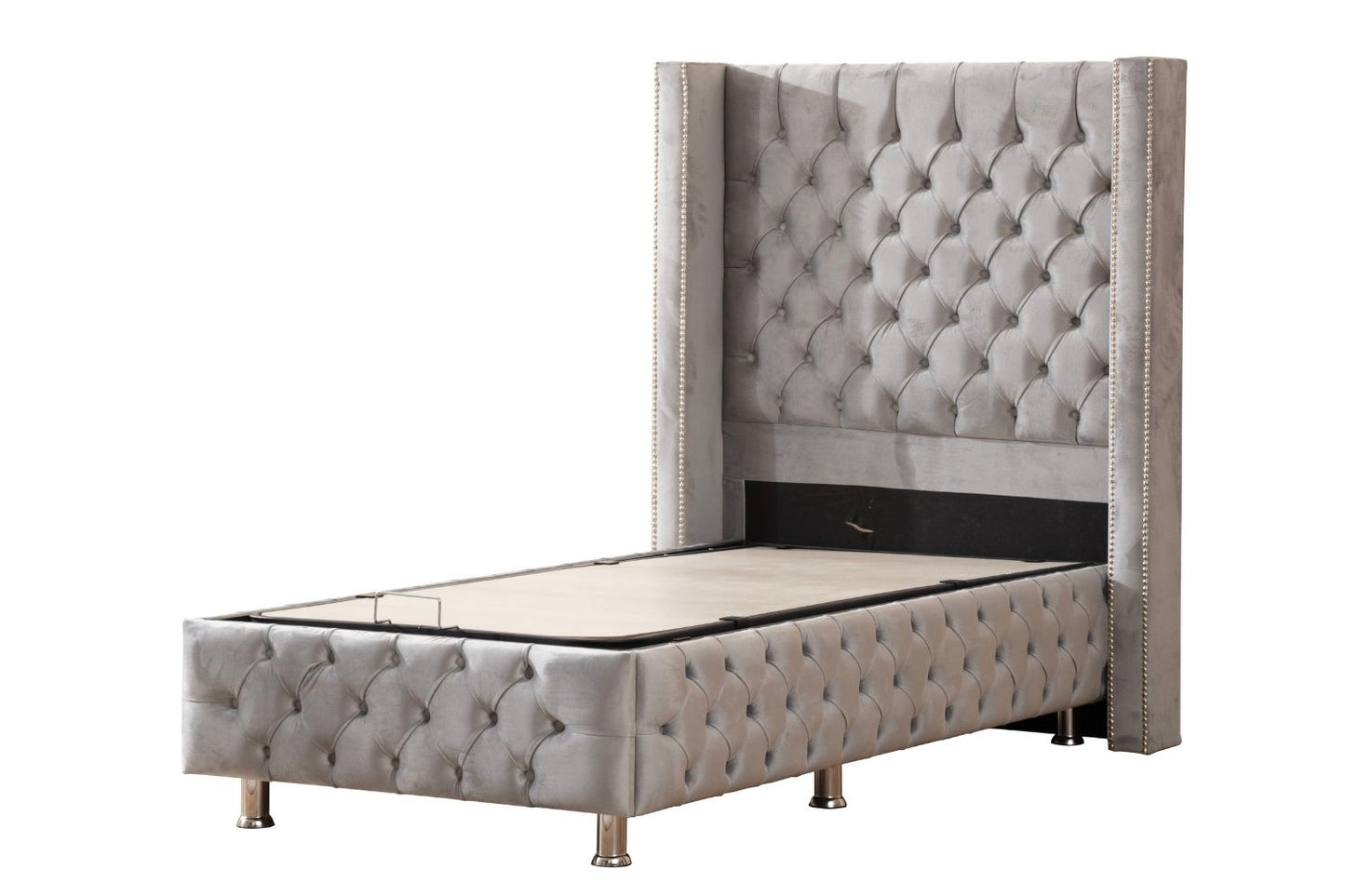 Lit Coffre Enfant CLOUTE GRIS - Velours capitonné