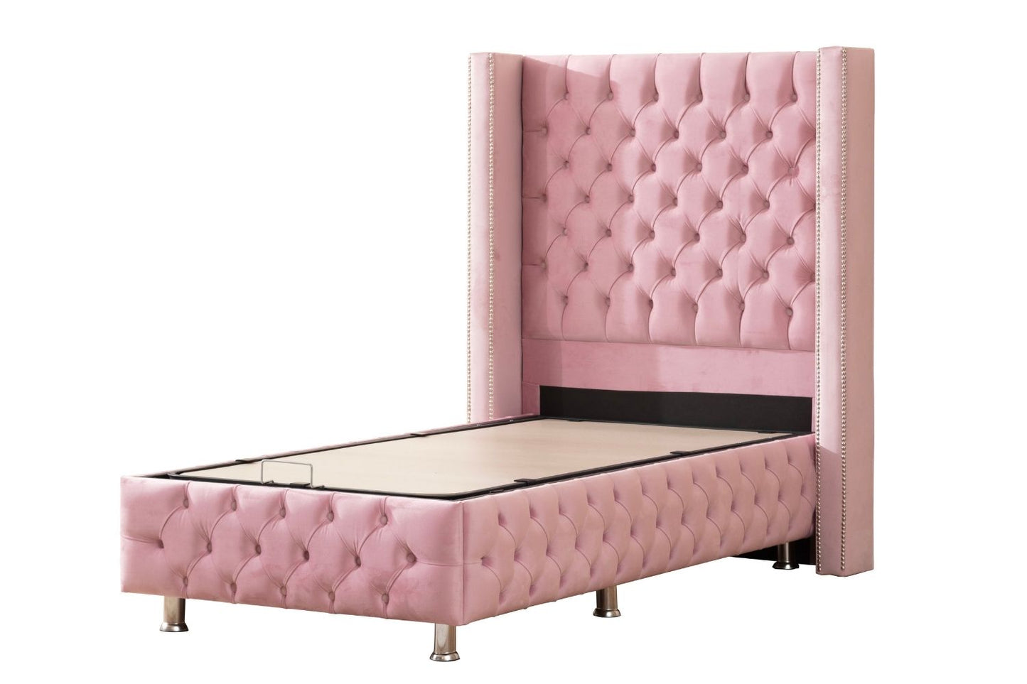 Lit Coffre Enfant CLOUTE ROSE - Velours capitonné