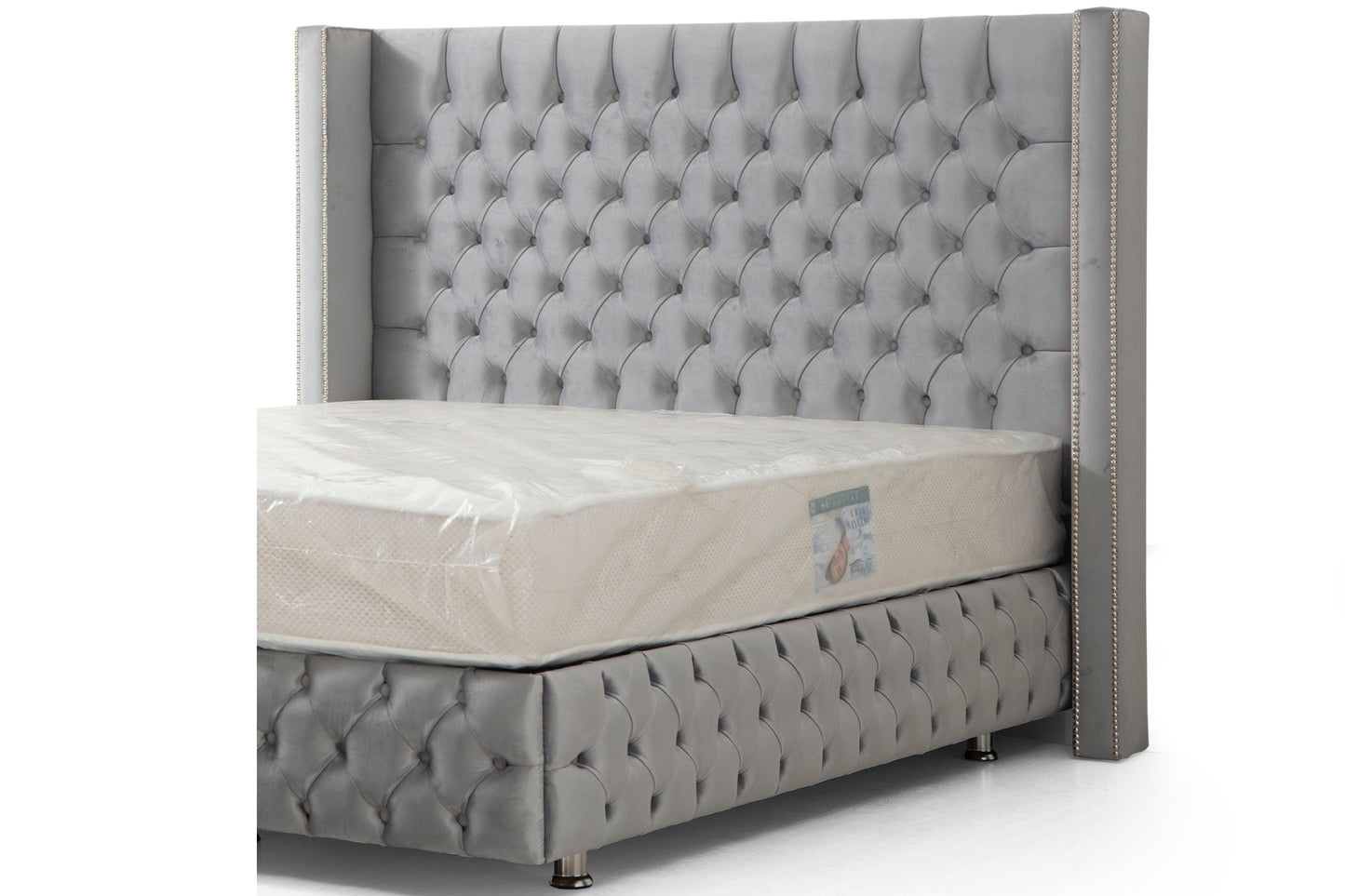 Lit Coffre CLOUTE GRIS - Velours capitonné