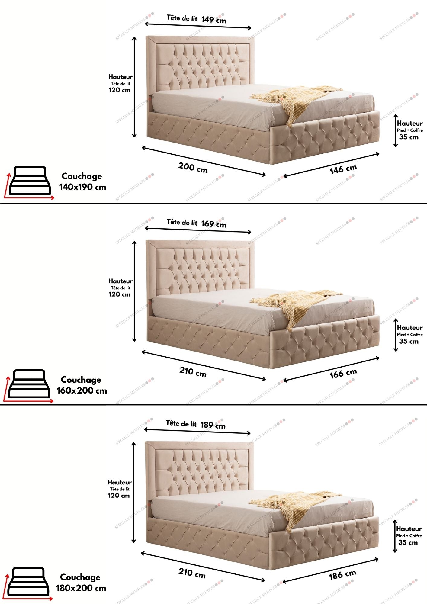 Cadre De Lit ROMA BEIGE - Velours capitonné