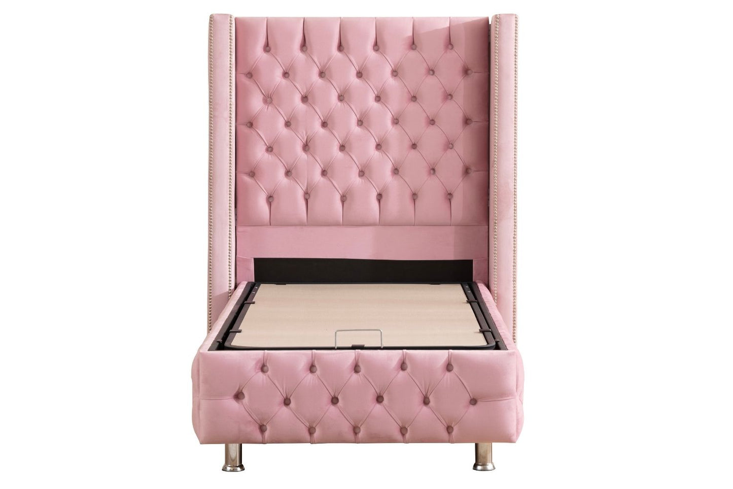 Lit Coffre Enfant CLOUTE ROSE - Velours capitonné