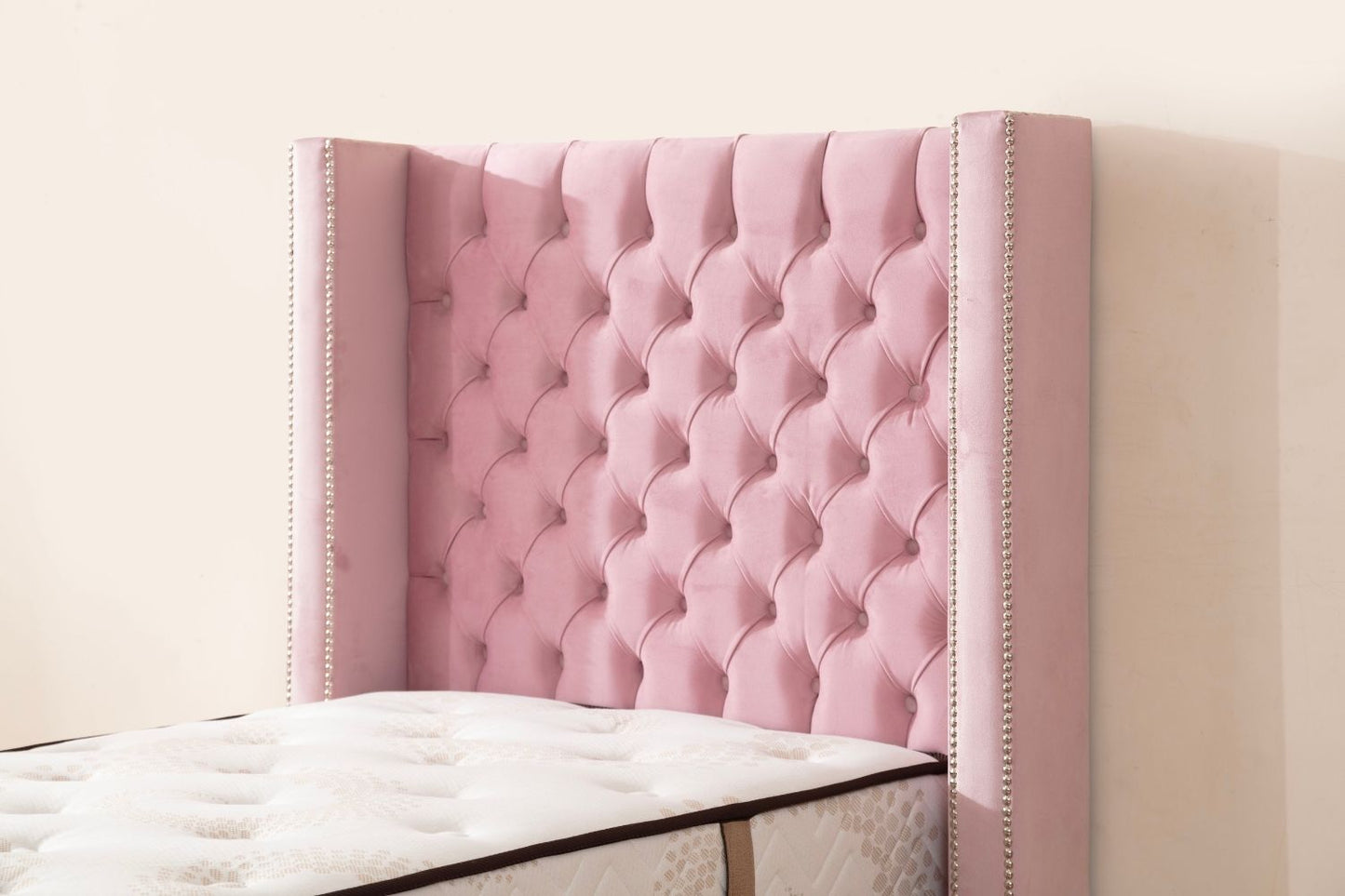 Lit Coffre Enfant CLOUTE ROSE - Velours capitonné