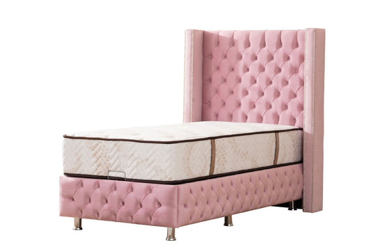 Lit Coffre Enfant CLOUTE ROSE - Velours capitonné