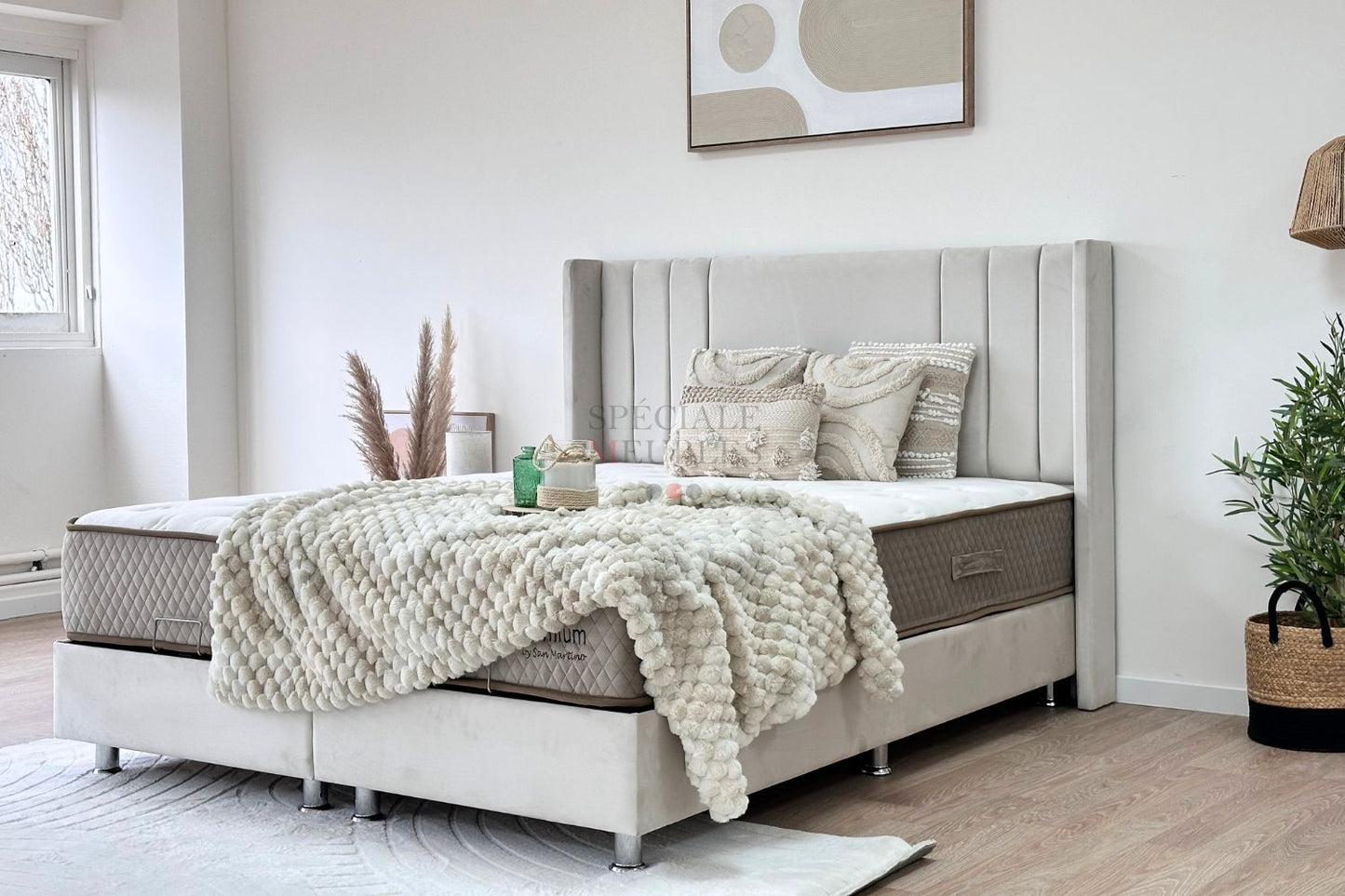Lit Coffre ALMA BLANC CASSE - Velours